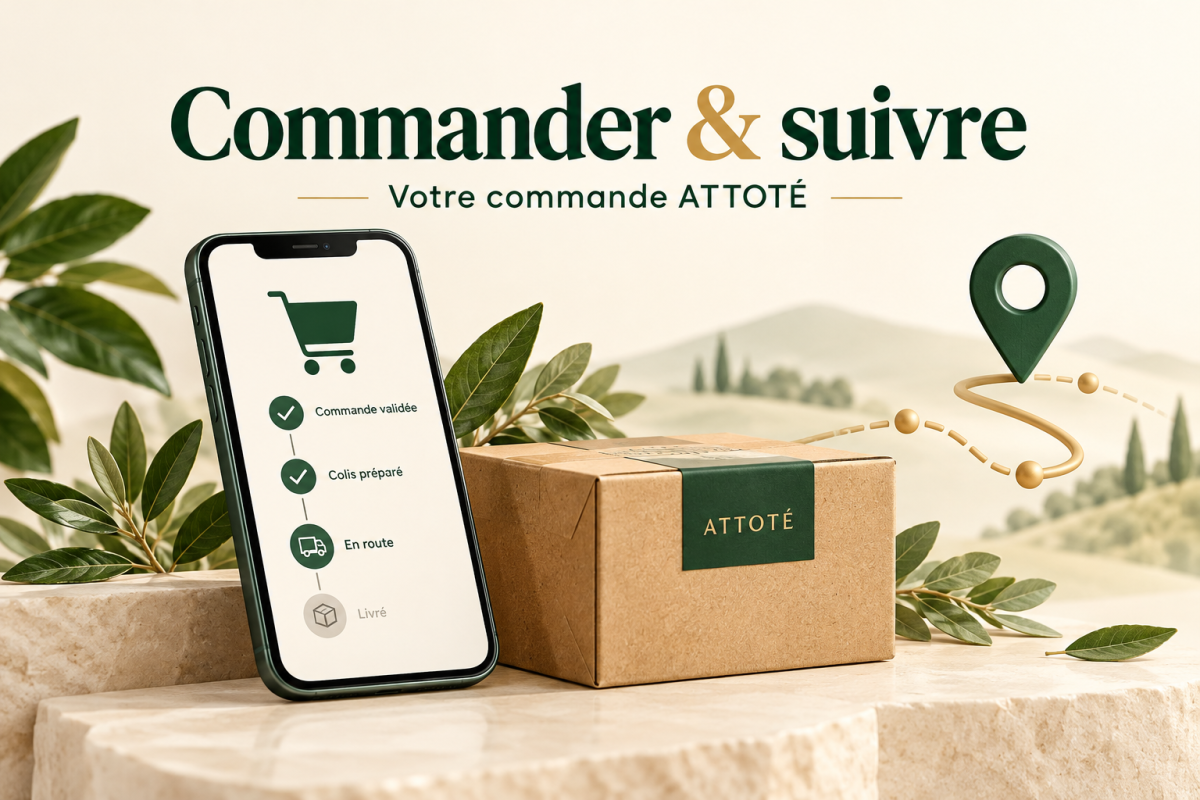 Illustration de la commande en ligne et du suivi de livraison ATTOTÉ, avec un smartphone et un colis.